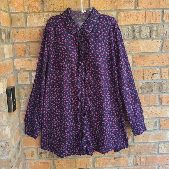 Faded Glory Womens Top Blouse Button Front Long Sleeves Roll Tab Ruffles Size 20 - Picture 3 of 9